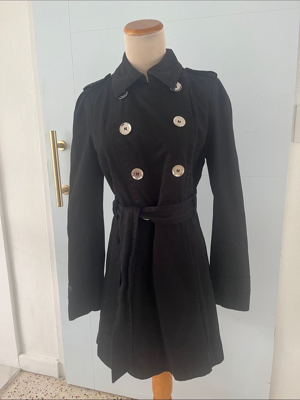 Express Black Double-Breasted Trench Coat with Belt